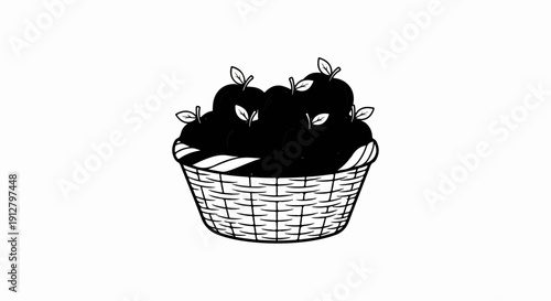 A woven basket overflowing with dark, stylized fruits topped with leaves