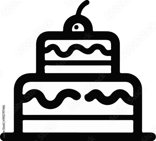 A stylized, two-tiered cake with a cherry on top