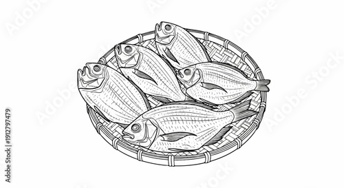 A woven basket holds several dried fish arranged in a circular pattern