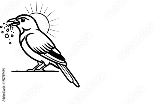 A stylized line art of a bird holding seeds in its beak with a sun behind it