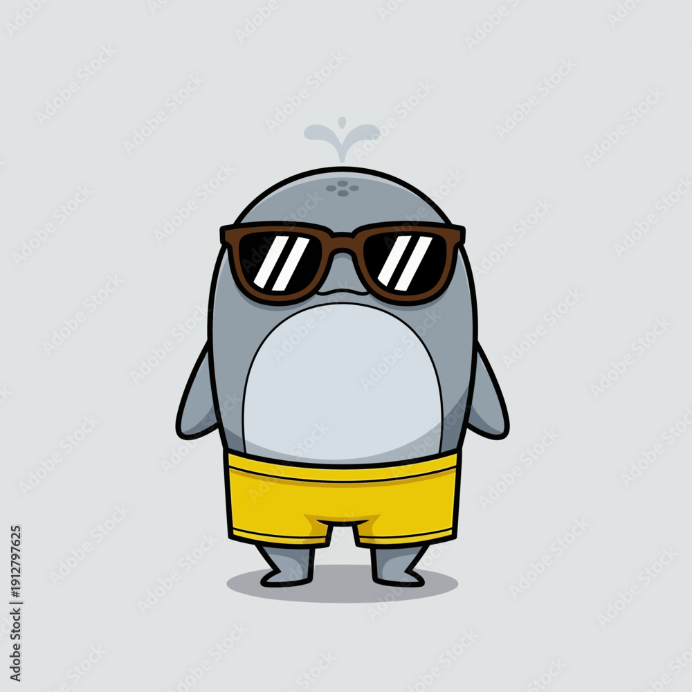 Fototapeta premium Cute cartoon whale wearing sunglasses and yellow shorts.