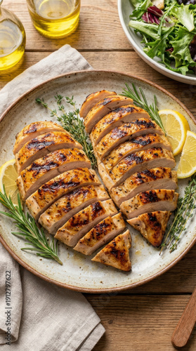 Grilled sliced chicken breast with lemon and herbs on rustic plate, golden sear and fresh salad, cozy appetizing meal
