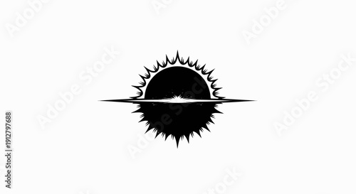A stylized black sun with sharp rays sits above a horizontal line