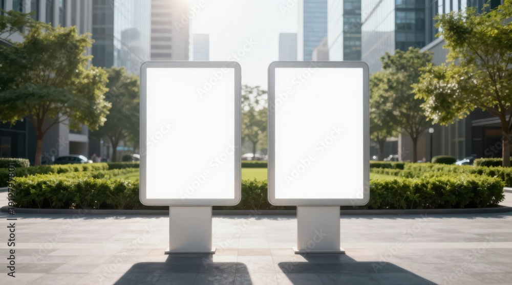 Fototapeta premium Two Blank White Billboard Mockups in a Modern City Center Advertising a Product