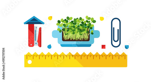 Education and Business Growth Icons: Ruler, Microgreens, Stapler, Paper Clip. Flat Design Vector.