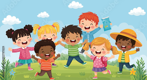 Joyful cartoon children celebrating outdoor education and fun in the sunshine with grass and clouds