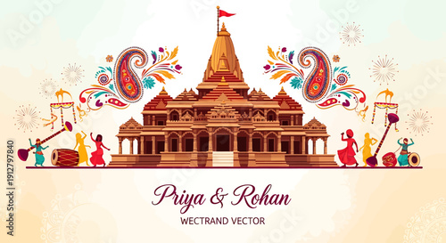Festive vector illustration showcasing a grand traditional temple, intricately decorated with colorful paisley motifs and joyful figures celebrating cultural heritage