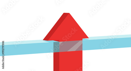3D Red Upward Arrow Breaking Through Glass Barrier. Success, Breakthrough, and Business Growth Concept.