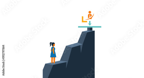 Career Advancement Journey: Woman Climbing Path Towards Success Goal Icon on Mountain Peak