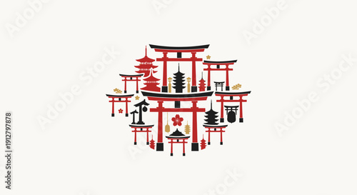 Circular arrangement of iconic Japanese architectural landmarks, including torii gates and pagodas, showcasing traditional culture and travel destinations in a stylized illustration