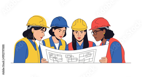 Diverse Women Engineers Reviewing Construction Blueprints. Female Team Collaboration in Hard Hats and Safety Vests.
