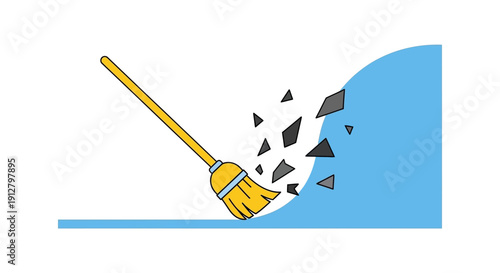 Broom Sweeping Dirt and Debris. Cleaning Concept Vector Illustration, Removing Mess, Waste, or Problems.
