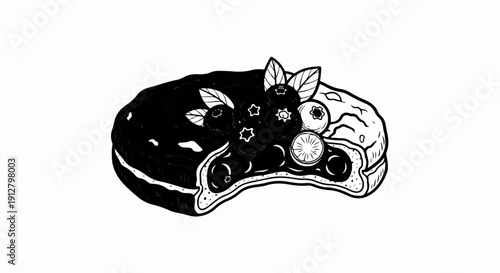 A stylized black and white drawing of a round cookie with cream filling