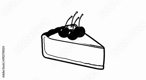 A stylized black and white drawing of a slice of cheesecake with cherries
