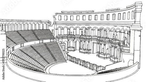 Ancient stone amphitheater with tiered seating and ornate facade
