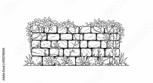 Ancient stone wall adorned with climbing vines and small plants