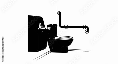 A stylized black and white drawing of a toilet with grab bars