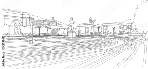 A stylized line drawing of a city square with tram tracks, monuments, and buildings