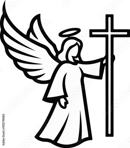 Angel with halo and cross, stylized drawing