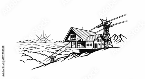 A sun rises over a misty valley with a ski lift station perched on a slope