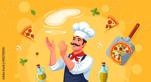 Animated Chef Expertly Prepares Gourmet Pizza, Skillfully Tossing Dough Amidst Fresh Ingredients and Tempting Slices, Showcasing the Art of Italian Culinary Craft