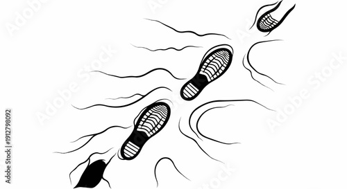 Abstract illustration of two footprints in motion leaving wavy trail marks