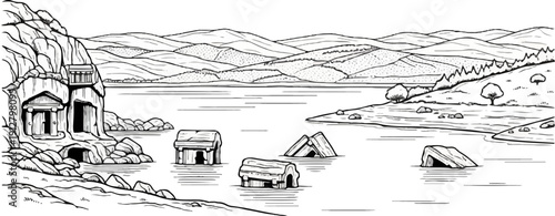 Ancient tombs carved into a cliff face beside a lake with submerged structures