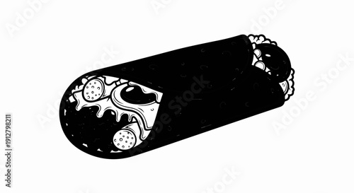 Black and white cartoon illustration of a hearty burrito