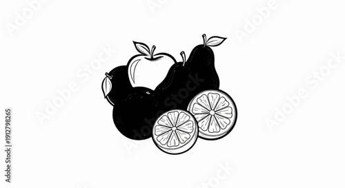 A still life illustration of assorted fruits including an apple, pears, and oranges