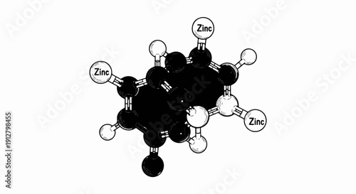 A stylized molecular structure with dark and light spheres and labels