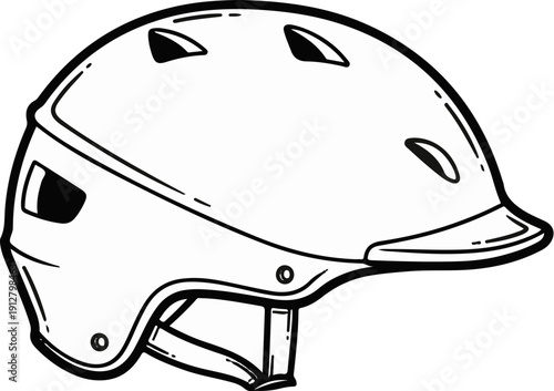 Black and white drawing of a batting helmet with vents and chin straps