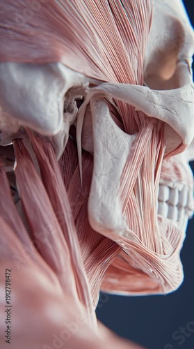 cinematic anatomical close-up of the temporomandibular joint (TMJ) and mandible with surrounding masticatory muscles subtly engaged, realistic cartilage and bone detail, muscle fibers with mild tensio