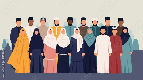 Large assembly of diverse Muslim men and women stands together wearing traditional Islamic attire like hijabs and thobes.
