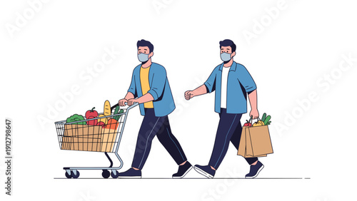 Two men wearing protective face masks go grocery shopping with a full cart and paper bags during a public health situation.