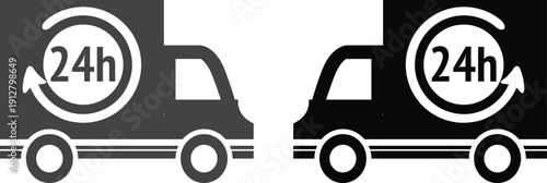 Fast delivery truck icon set collection with express shipping, 24h service, cargo van and logistics transport symbols isolated on white background vector illustration for courier.