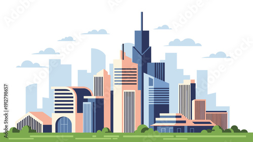 Detailed flat illustration showcases a modern city skyline with a variety of architectural styles under a bright clear sky.