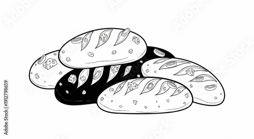 A still life illustration of various loaves of bread with cheese and circular shapes