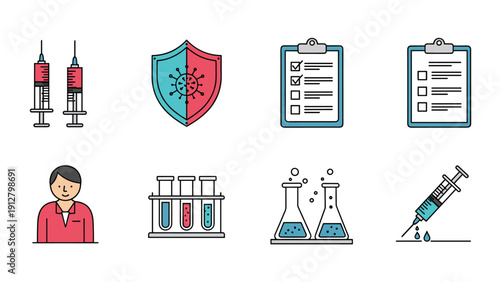 Collection of medical icons including syringes, test tubes, and a protective shield represents healthcare and vaccination efforts.