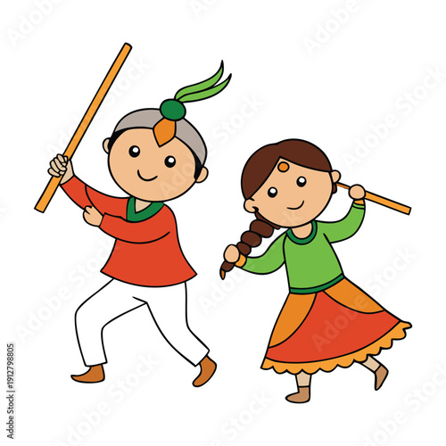 A lively couple twirls gracefully, colorful sticks clashing in rhythm, their vibrant outfits swirling as they celebrate joy and tradition with playful energy.
