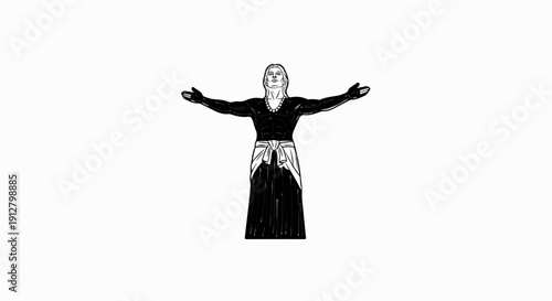 A stylized, muscular figure in black with arms outstretched, wearing a pearl necklace and white cloth