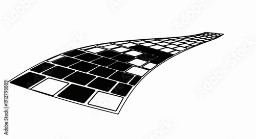 Abstract black and white tile pathway bending upwards