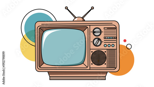 Vintage analog television set with twin antennas and manual dial knobs isolated over various colorful abstract circles.