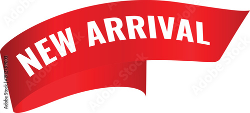 New Arrival Red Folded Ribbon Banner 3D Promotional Tag Label Vector Illustration