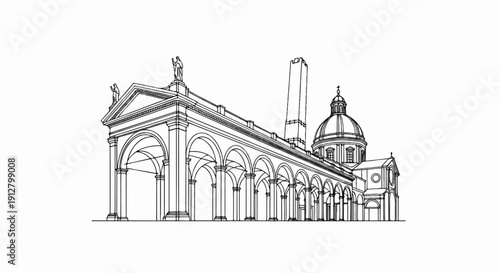 Architectural sketch of a grand colonnade leading to a domed building