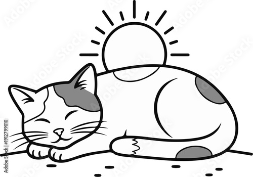 A stylized cat sleeps peacefully beneath a radiant sun symbol