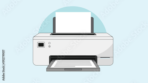 Modern office printer with a white sheet of paper loaded on top and a printed document coming out of the output tray.