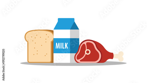 Collection of essential food items including a loaf of sliced bread, a carton of fresh milk, and a raw piece of beef steak.