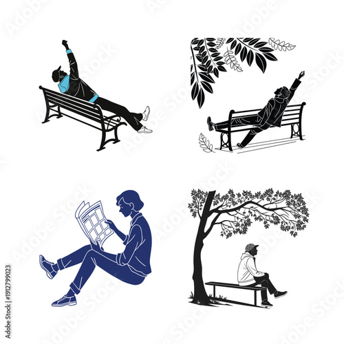 Silhouettes of People Relaxing on Benches in Park Scenery with Trees and Nature Elements for Peaceful Outdoor Environment