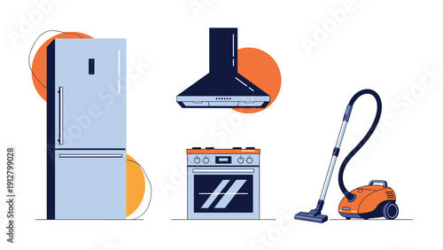 Modern household appliances set featuring a silver refrigerator, a black kitchen hood, a stove, and an orange vacuum cleaner.