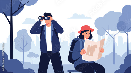 Man using binoculars while a woman sits and looks at a paper map during a hiking trip in a misty blue forest setting.